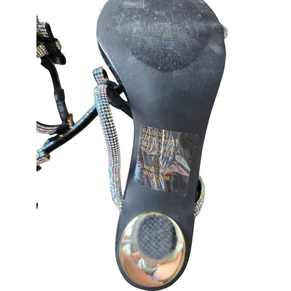 Chase & Chloe Sandals Rhinestone Ankle Strap in Black Gold Heel - Picture 8 of 9